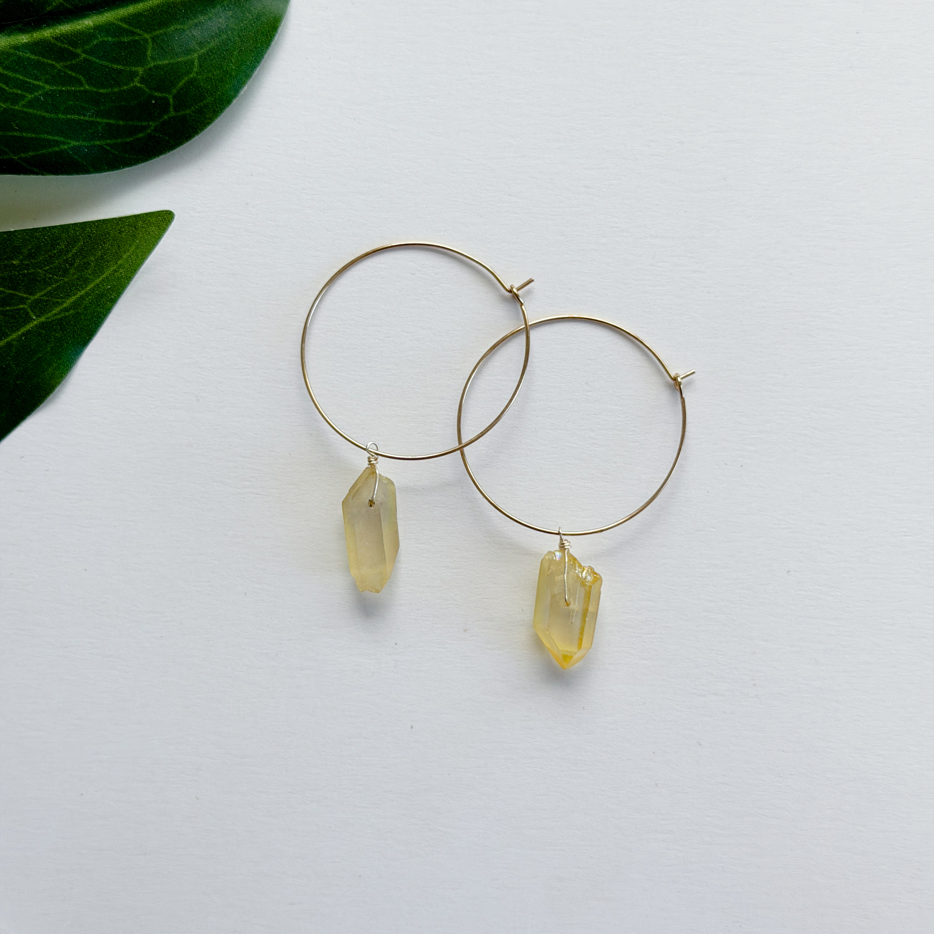 Gold Filled Yellow Quartz Crystal Hoop Earrings