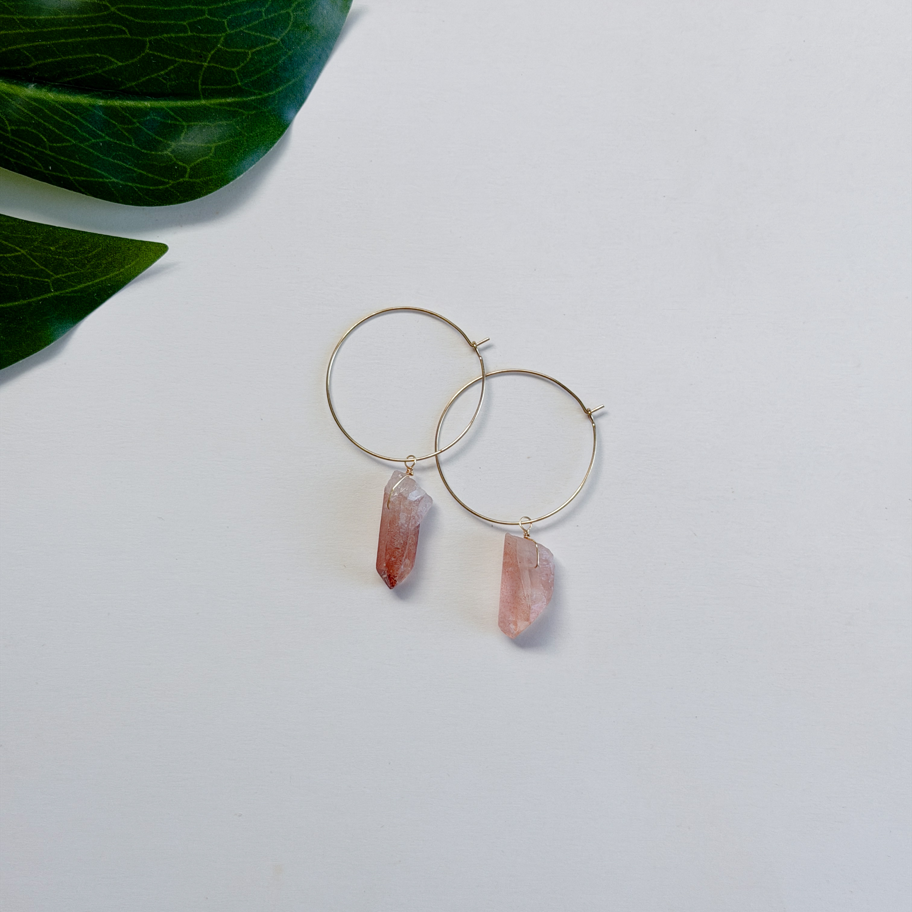 Gold Filled Rose Quartz Crystal Hoop Earrings
