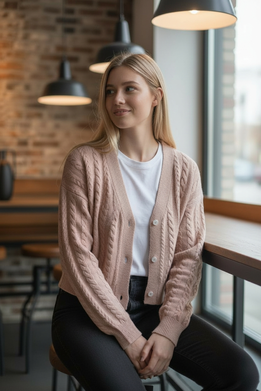 Cardigan PINK Victoria’s Secret maille torsadée rose poudré