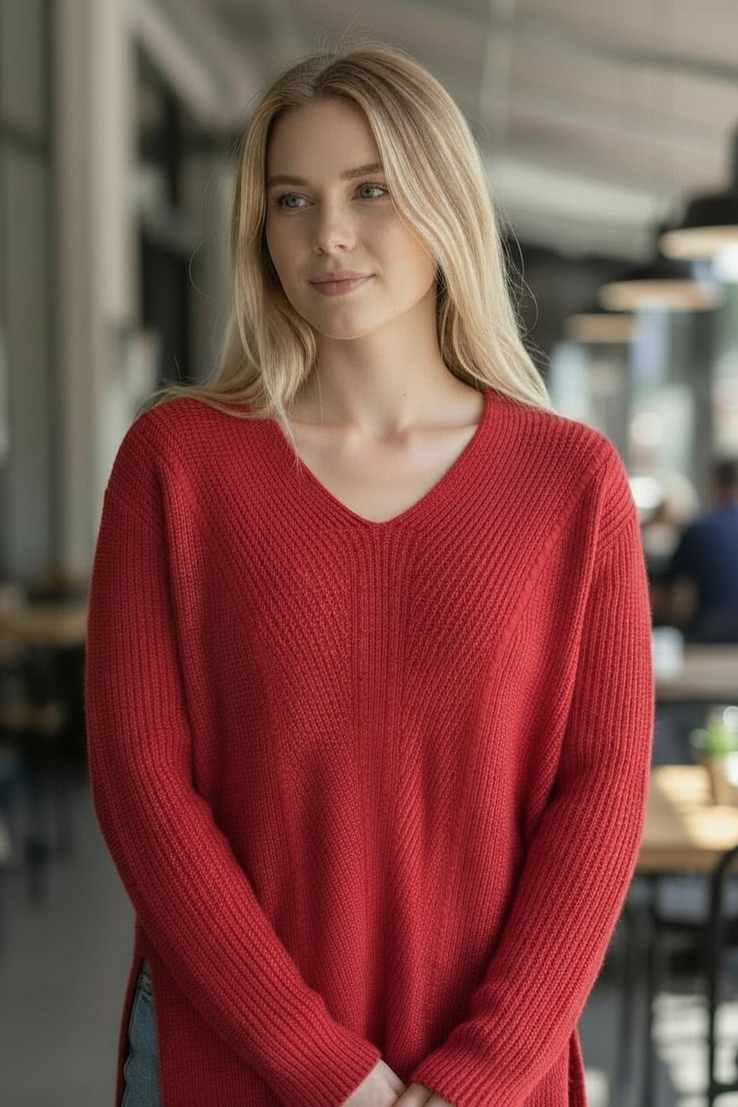 Pull oversize Ani Créations Paris maille côtelée rouge V-Neck