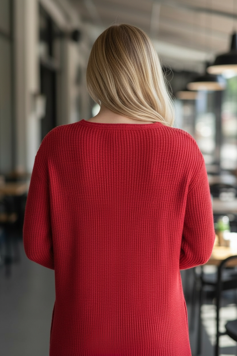 Pull oversize Ani Créations Paris maille côtelée rouge V-Neck