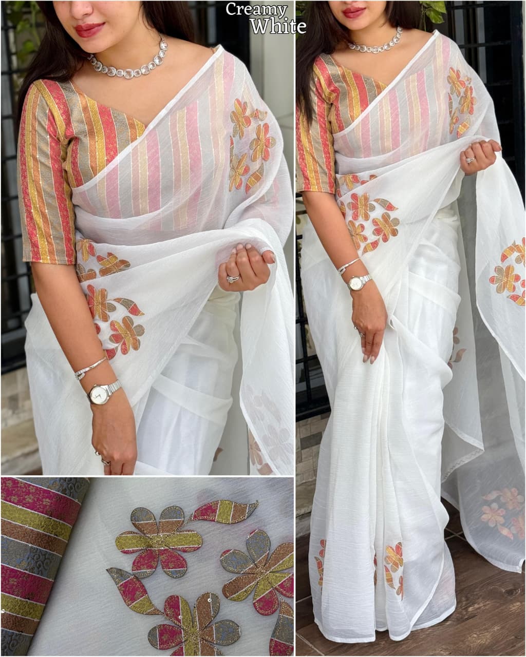 Creamy White Floral Saree