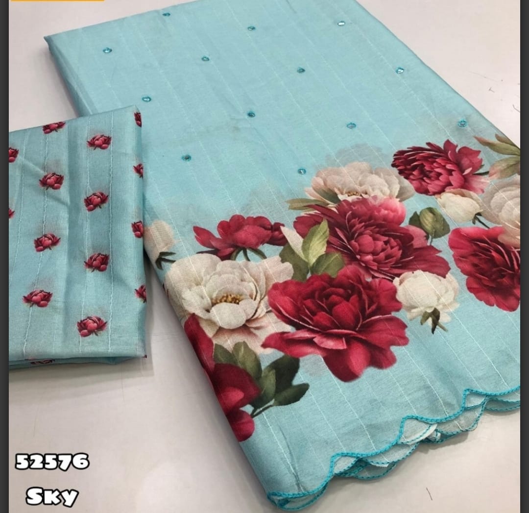 Floral Printed Sky Blue Dress Material