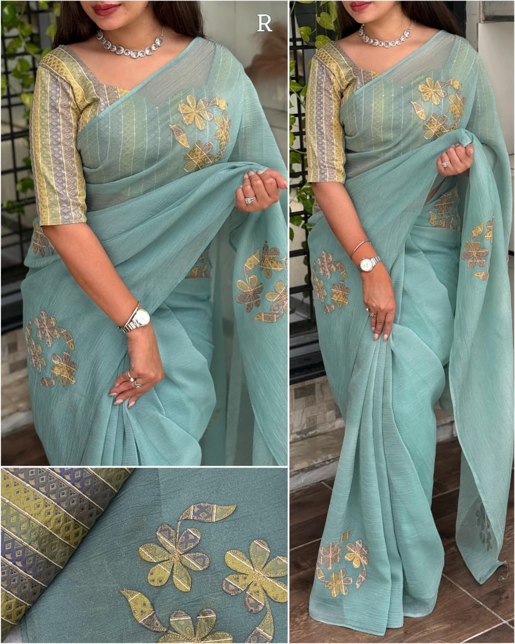 Pastel Blue Embroidered Saree