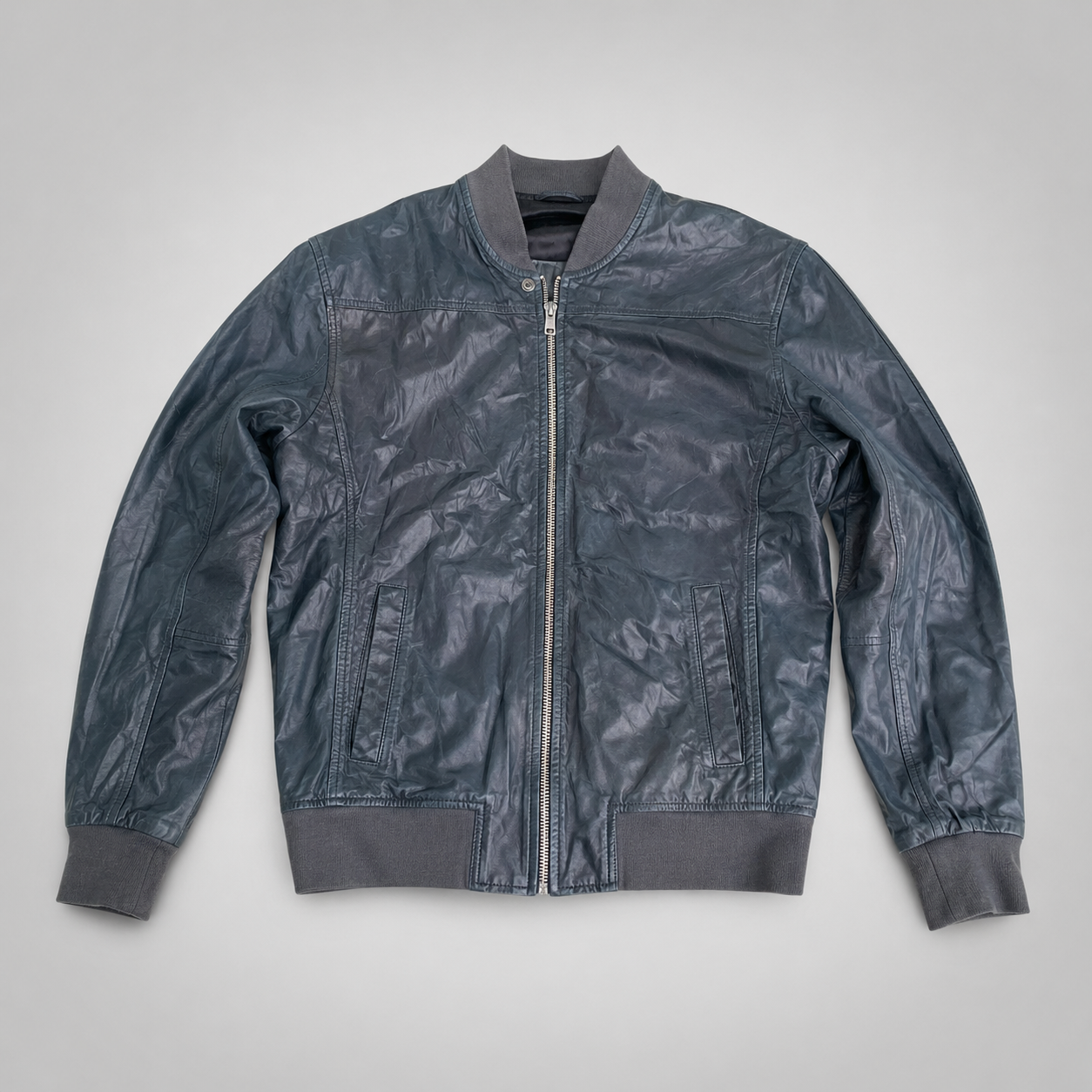 Zara Man Men's Navy Leather Bomber Jacket