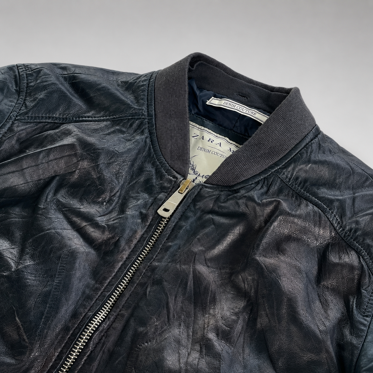 Zara Man Men's Navy Leather Bomber Jacket