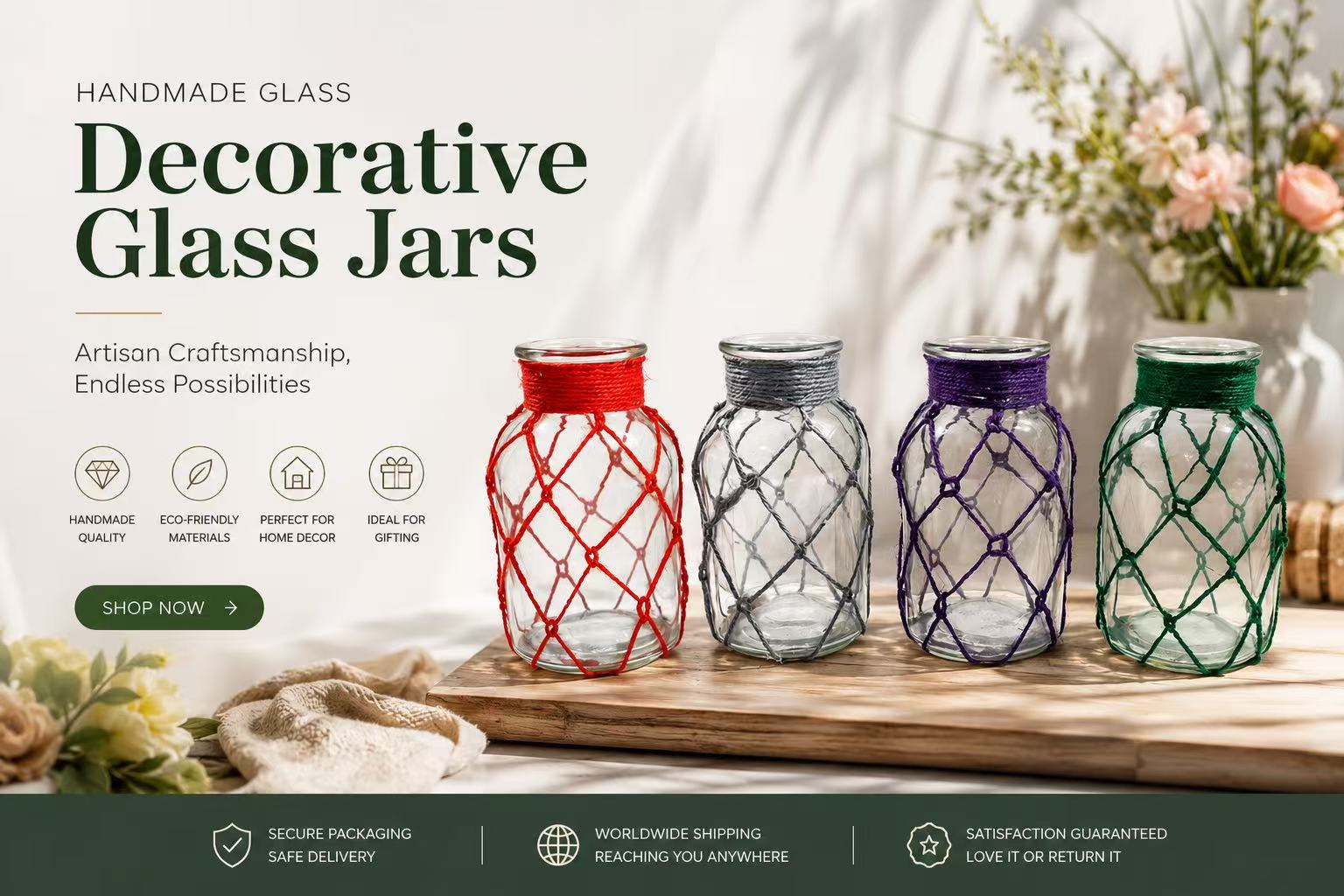 Decorative Glass Jars with Colorful Macrame Covers