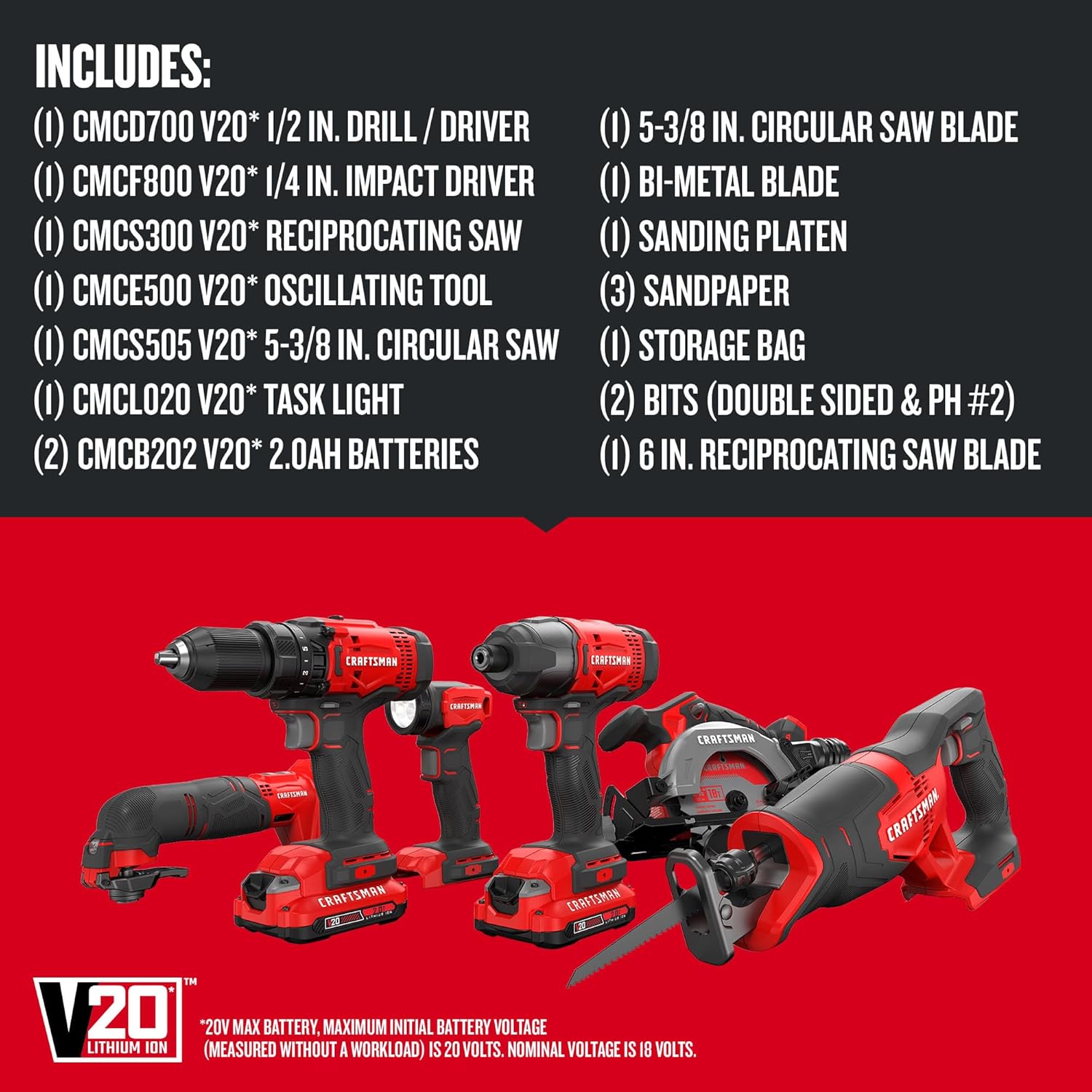 CRAFTSMAN V20 Cordless 6-Tool Combo Kit With Two 2.0 Ah Batteries and Charger