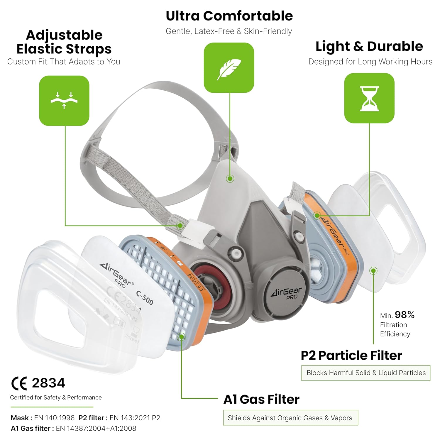 AirGearPro G-500 Reusable Respirator Mask with A1P2 Filters | Anti-Gas, Anti-Dust | Gas Mask Ideal for Painting, Woodworking, Construction, Sanding, Spraying, Chemicals, DIY etc