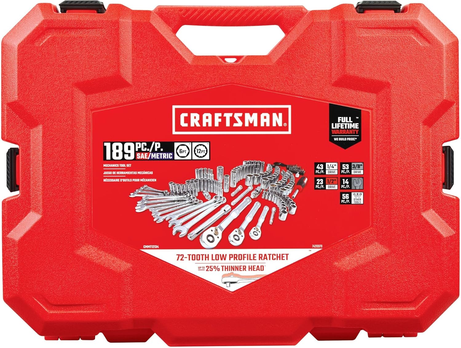 CRAFTSMAN Tool Set, 189 Piece Mechanics Tool Set, 1/4 ,3/8and 1/2 Inch Drive Socket Wrench Set with Thinner Ratchet, Steel 6 and 12point Sockets, Wrenches, Hex Keys and Specialty Bits (CMMT12134)