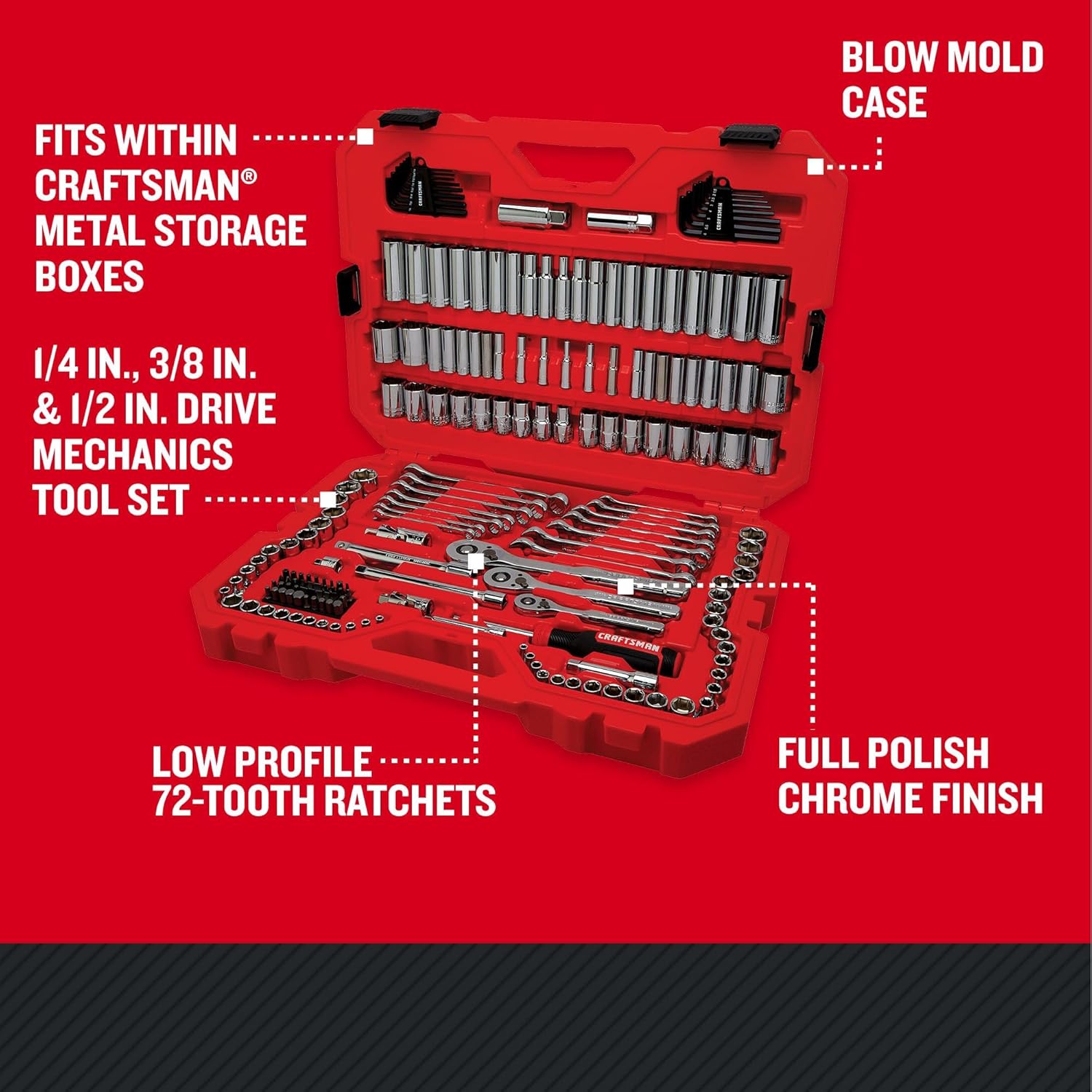 CRAFTSMAN Tool Set, 189 Piece Mechanics Tool Set, 1/4 ,3/8and 1/2 Inch Drive Socket Wrench Set with Thinner Ratchet, Steel 6 and 12point Sockets, Wrenches, Hex Keys and Specialty Bits (CMMT12134)