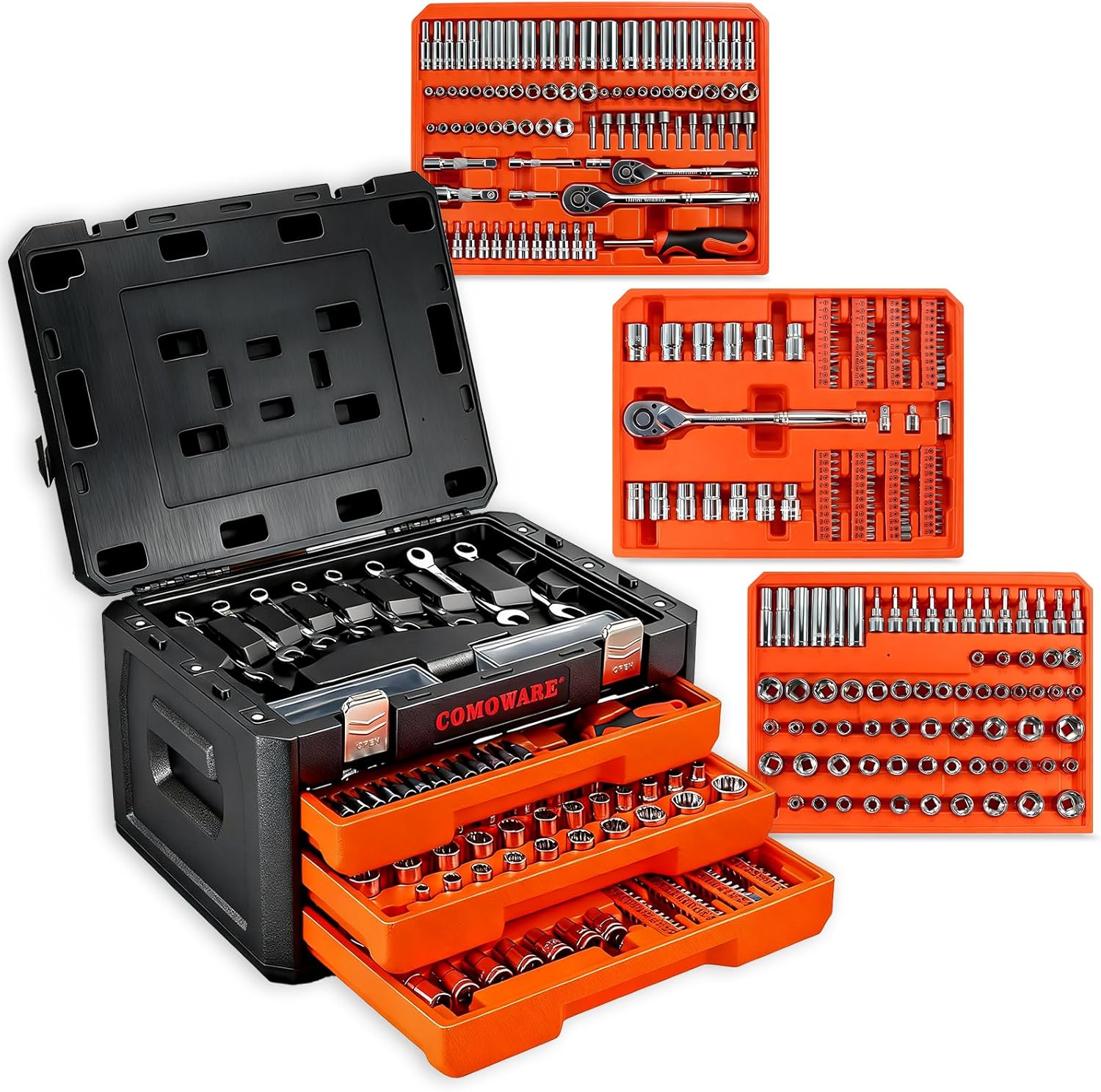 COMOWARE 320-Piece Master Mechanic Tool Set with Case, 1/4” 3/8” 1/2” Drive SAE & Metric Socket Wrench Set, Includes 72T Ratchet Set, CR-V Steel, Hex Keys & Specialty Bits for Auto Repair & DIY