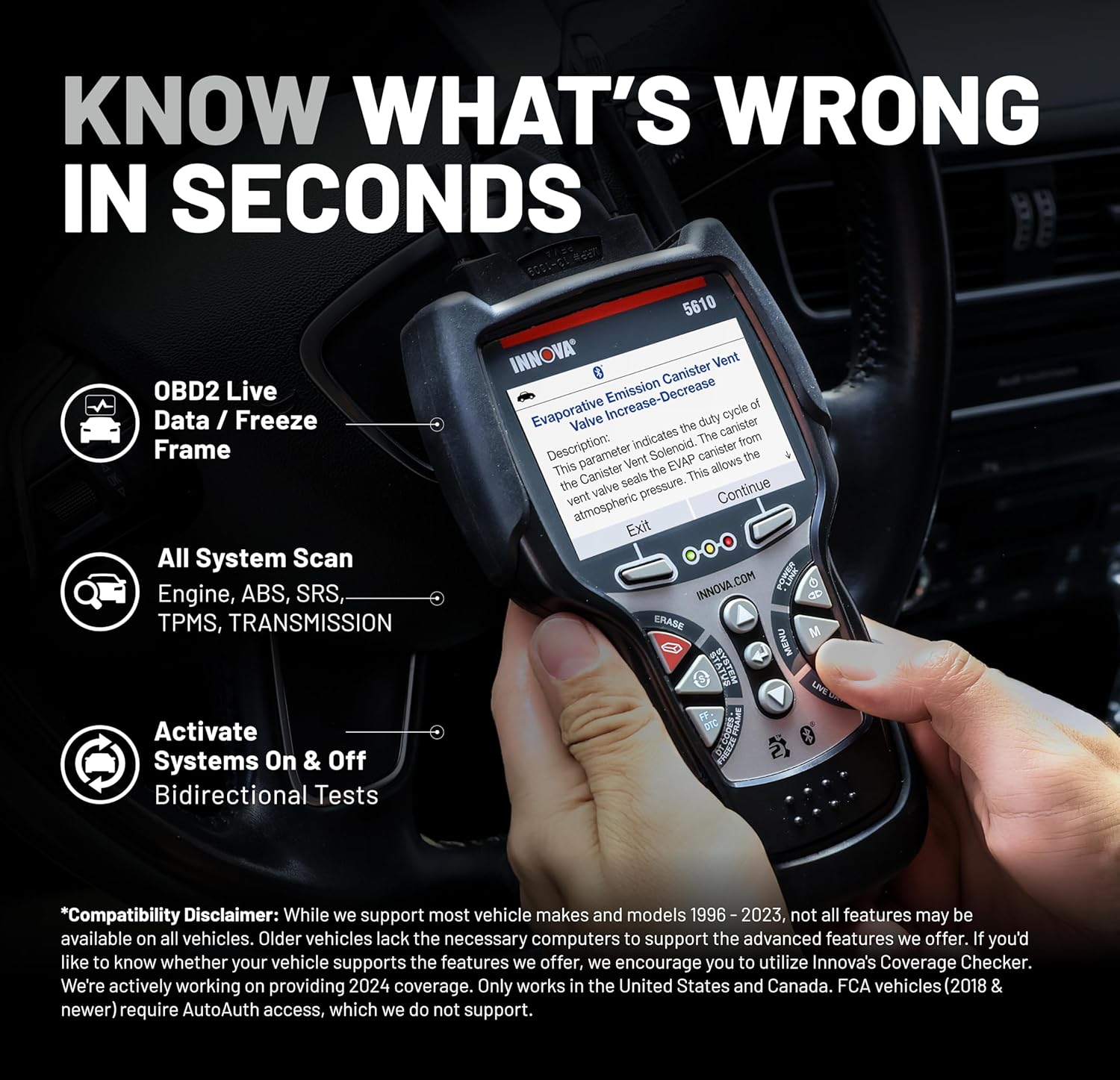 Innova 5610 OBD2 Scanner Diagnostic Tool with Bidirectional Controls – Live Data for ABS, SRS & Transmission, 6 Reset Functions, Free Updates, No Subscription