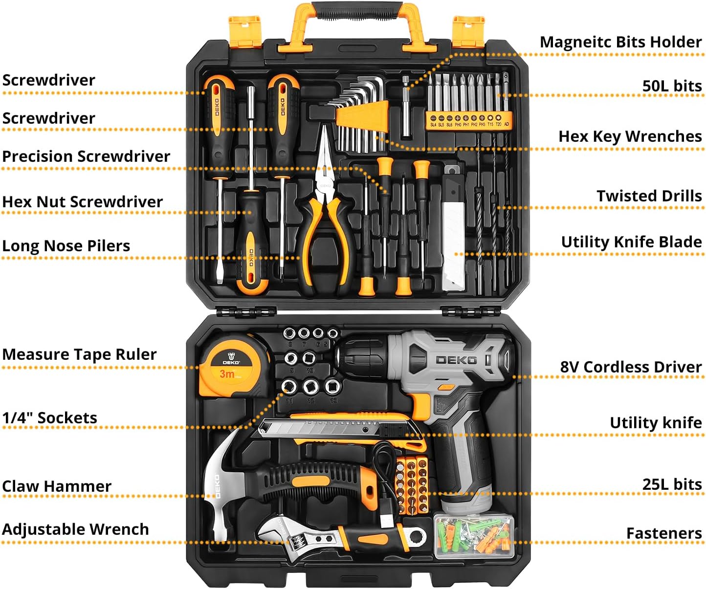 DEKOPRO Tool Set：Tool Kit with 8V Cordless Drill,Tool Box with Drill,Hand Drill Set for Men & Women,Home Tool Kits for House Repair,Handyman,DIY 126 Piece