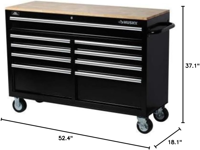 Husky 52 in. W 9-Drawer Mobile with 5 in. x 2 in. casters Work Bench in Black