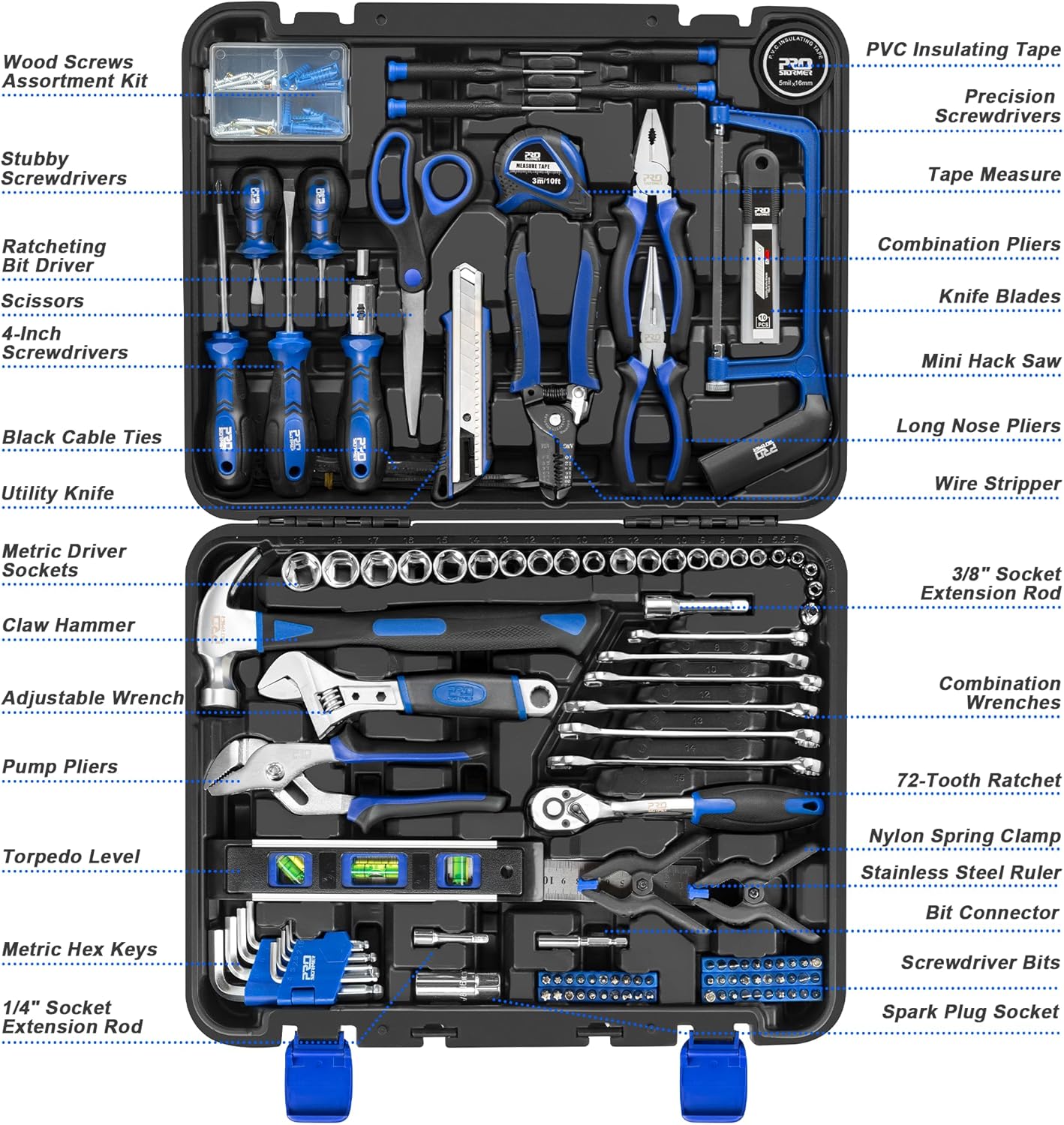 Prostormer 259-Piece Tool Kit, General Household Hand Tool Set with Plastic Storage Toolbox, Portable Complete Repair Tool Box for Home and Car (Blue)