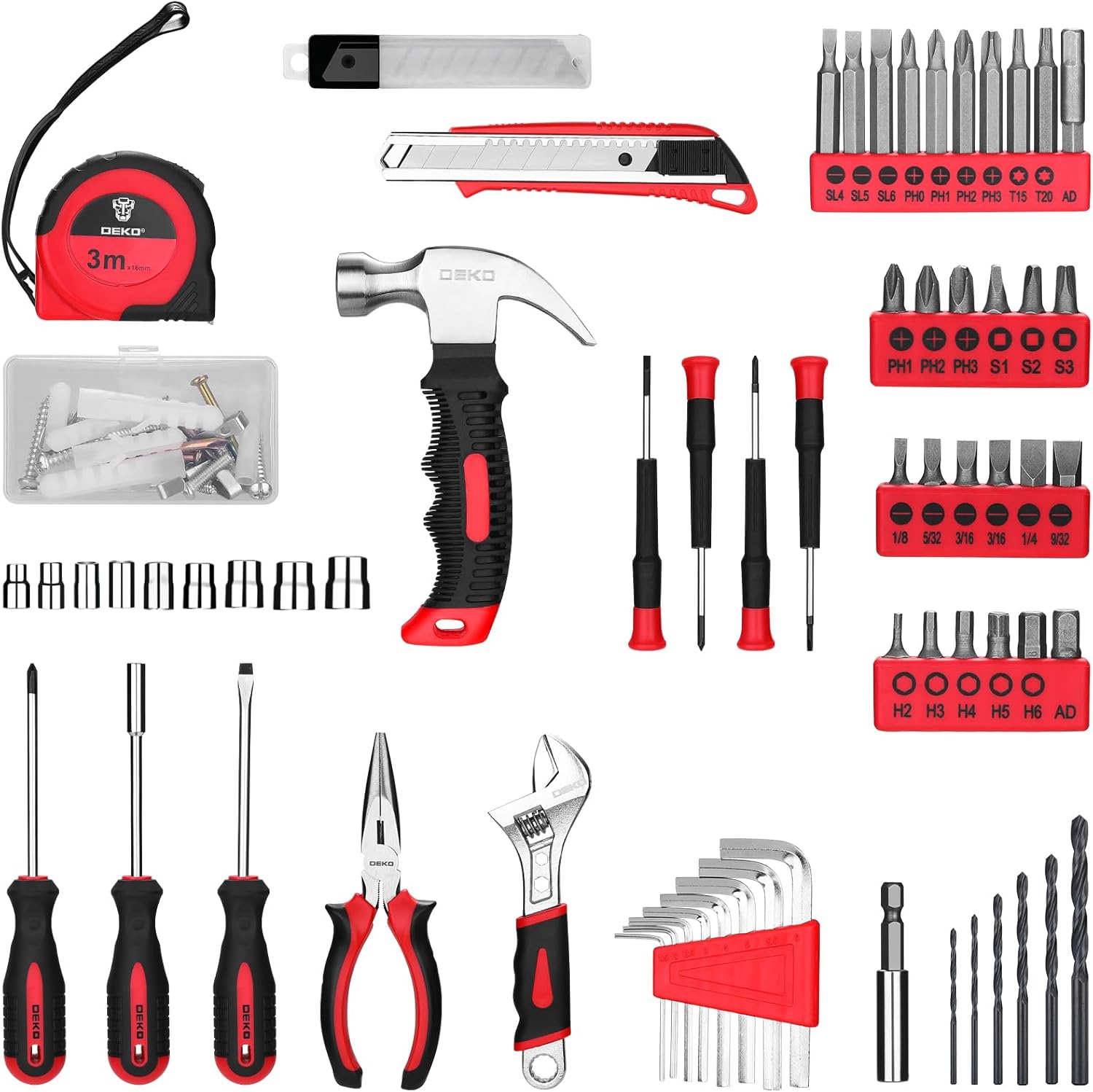 DEKOPRO Drill Set: Tool Set with 8V Red Cordless Drill, Home Tool Kit with Drill, Hand Tool Kits for Women 126 Piece