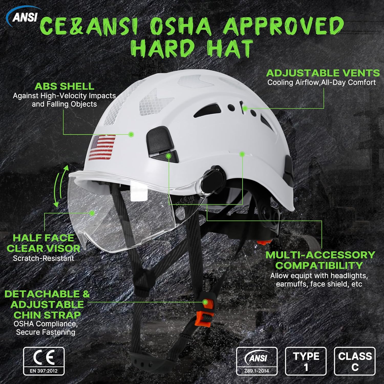 AOLAMEGS Construction Safety Hard Hat - ANSI Z89.1 Type Ι OSHA Approved Safety Helmets with Chin Straps Lightweight Reflective Vented ABS Hard Hats For Men Women Industrial Workwear 6-point Suspension