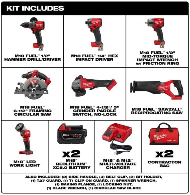 Milwaukee M18 FUEL 18V Lithium-Ion Brushless Cordless Combo Kit with Two 5.0 Ah Batteries, 1 Charger, 2 Tool Bags (7-Tool)