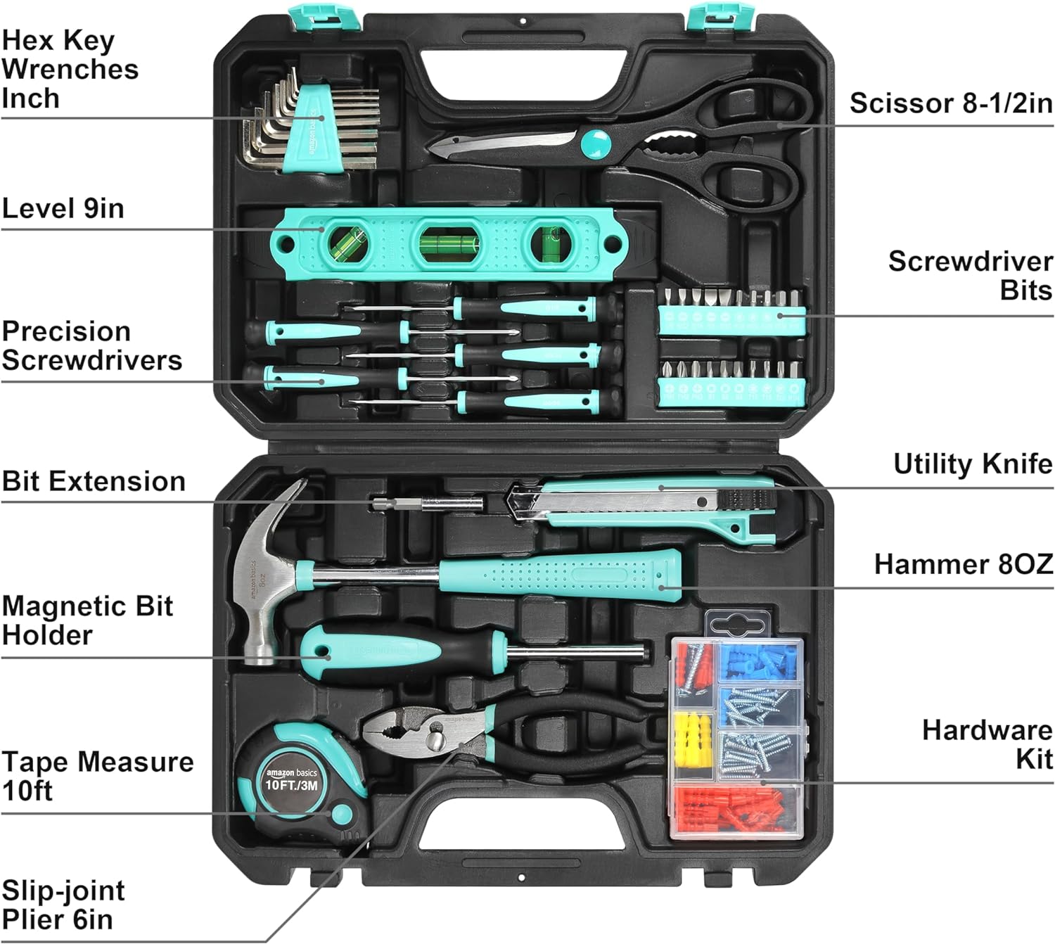 Amazon Basics 142-Piece Household Tool Kit for Home Repair, Hand Tools with Storage Case, 13.39 x 9.25 x 2.95 inch, Turquoise
