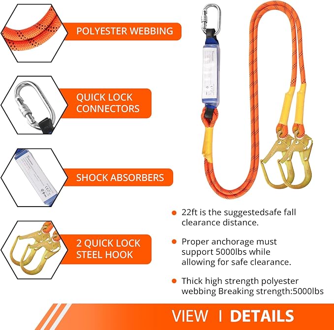 TRSMIMA Safety Harness Fall Protection - Roofing Harness Kit Men Full Body Construction Harness with Lanyard for Work Upgrade 4 Quick Buckles Orange