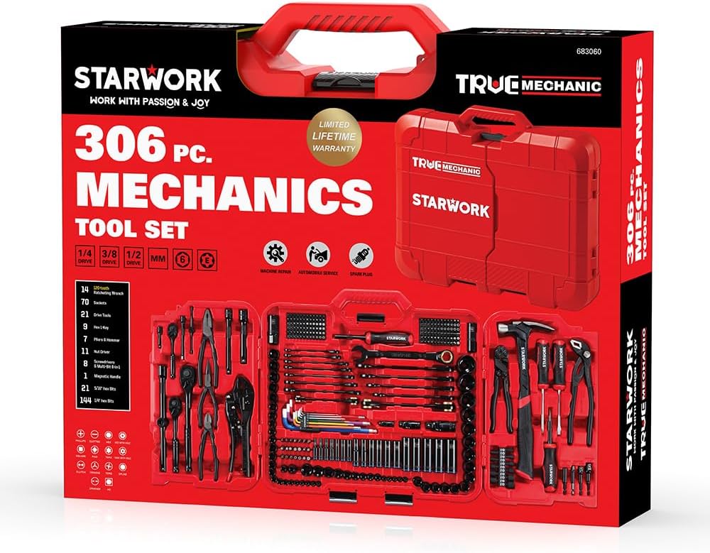 STARWORK TRUE MECHANIC 306-Piece Mechanics Tool Set and Socket Set, Comprehensive Tool Kit, Automotive Repair Tool Set, Professional