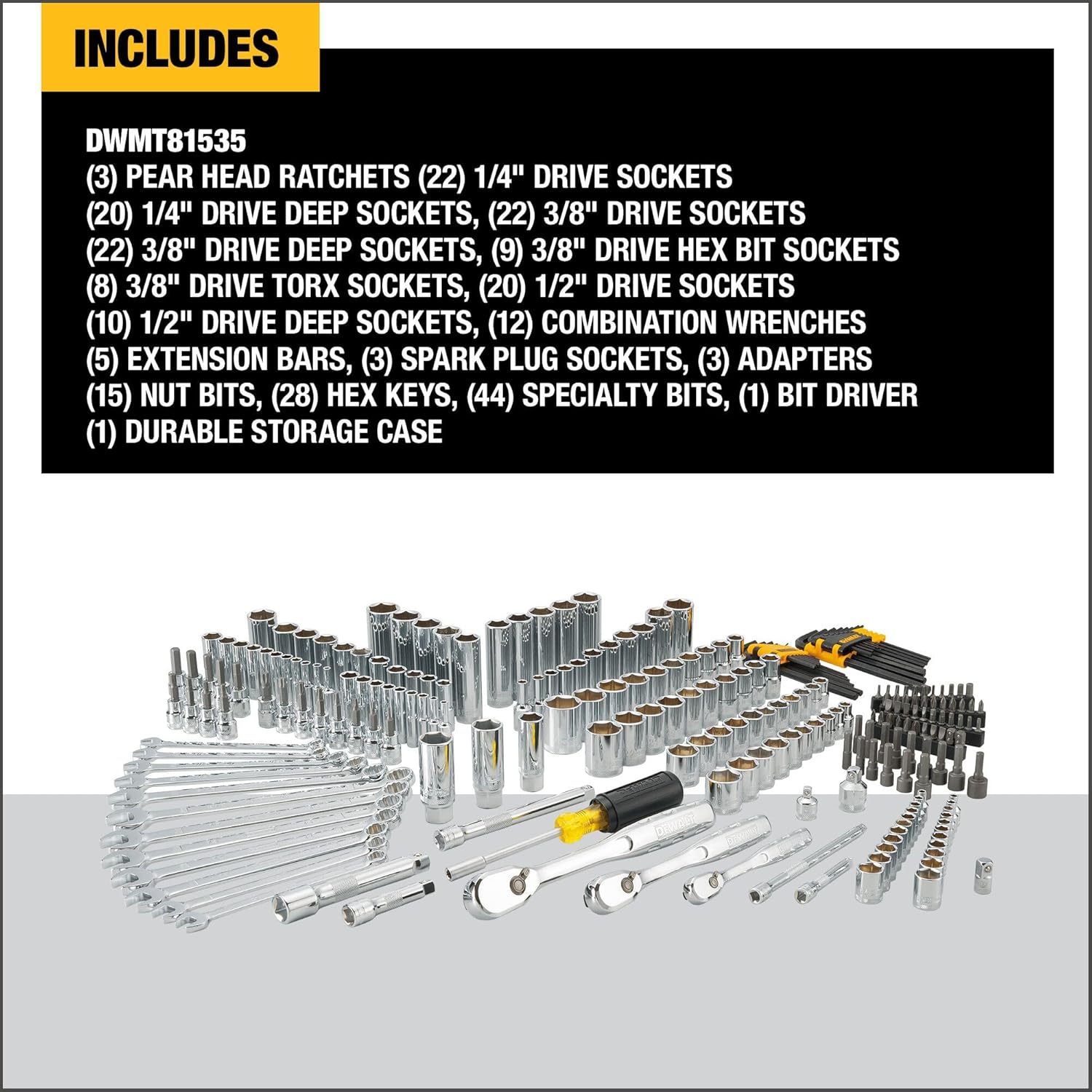 DEWALT Mechanic Tool Set, 247-Piece, 1/4 in., 3/8 in. and 1/2 in. Drive, SAE, Ratchets, Sockets, Hex Keys, Combination Wrenches, Polish Chrome Finish (DWMT81535)