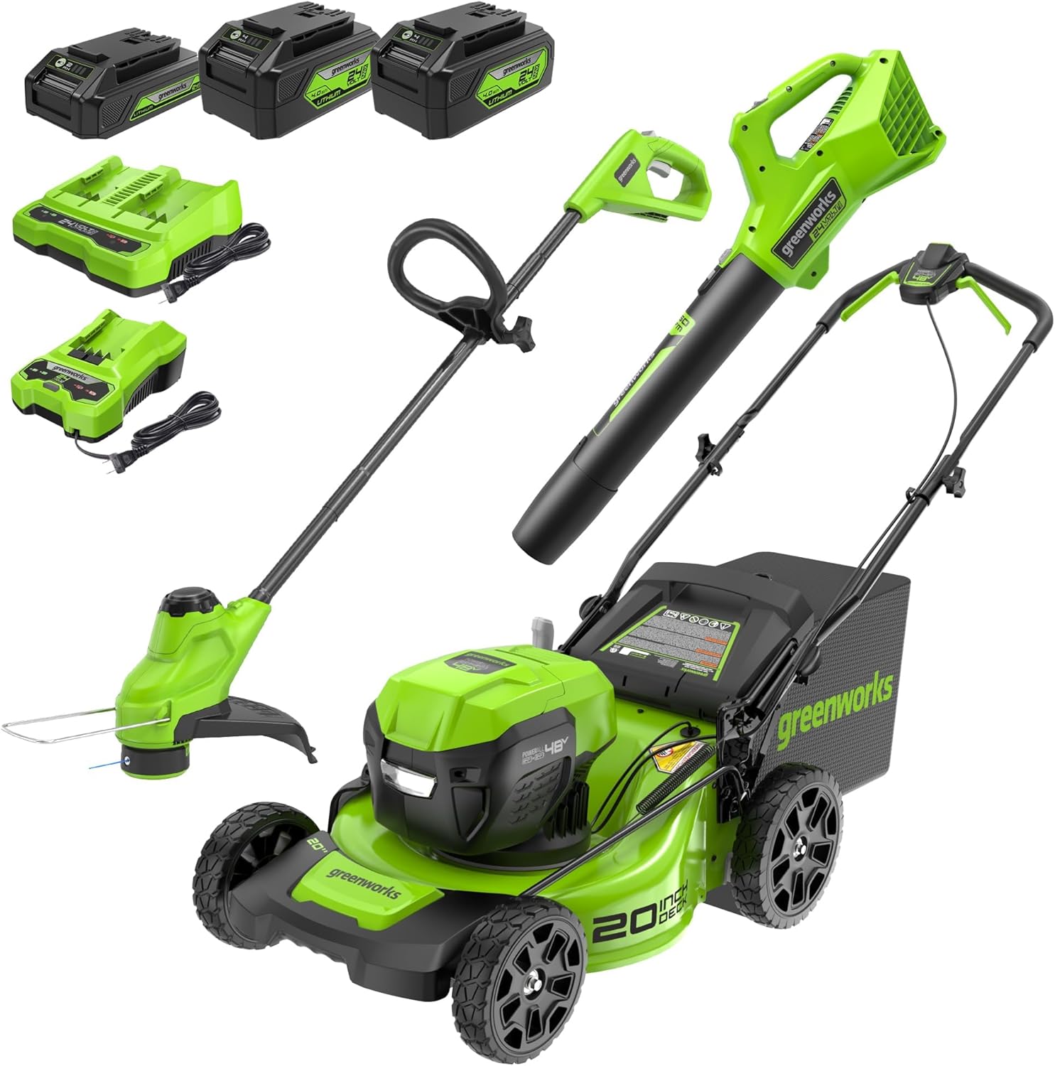 Greenworks 48V (2x24V) Electric Lawn Mower Combo Kit: 20"Steel Deck Push Mower, 12" String Trimmer, 320 CFM Blower, 3 Batteries & 2 Chargers, 3-Year Warranty
