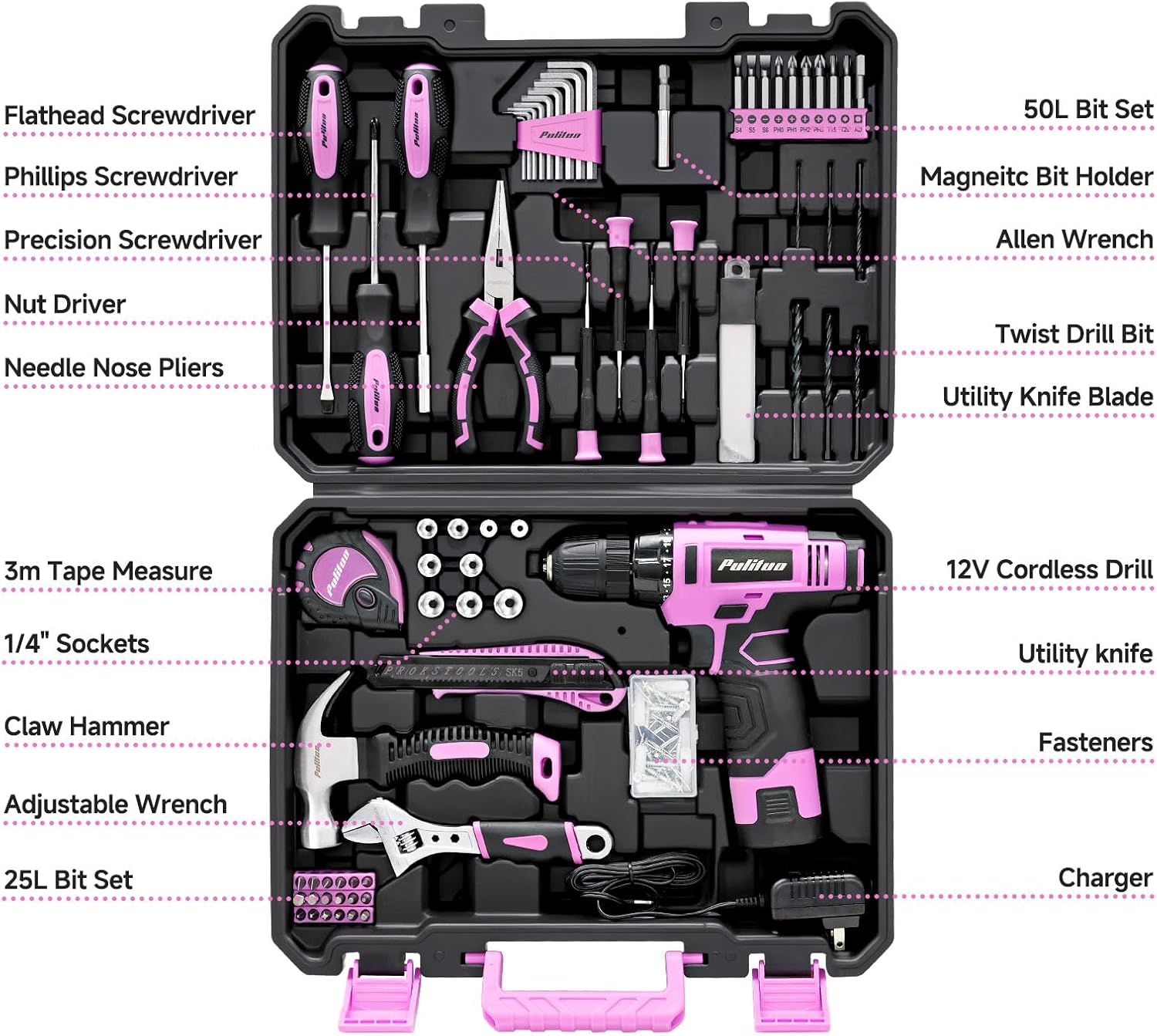 PULITUO Drill Set, 148-Piece Home Tool Set with 12V Pink Cordless Drill, Hand Tool Kits, and Tool Box, Suitable for Men, Women, and DIY Enthusiasts for Home Improvement.