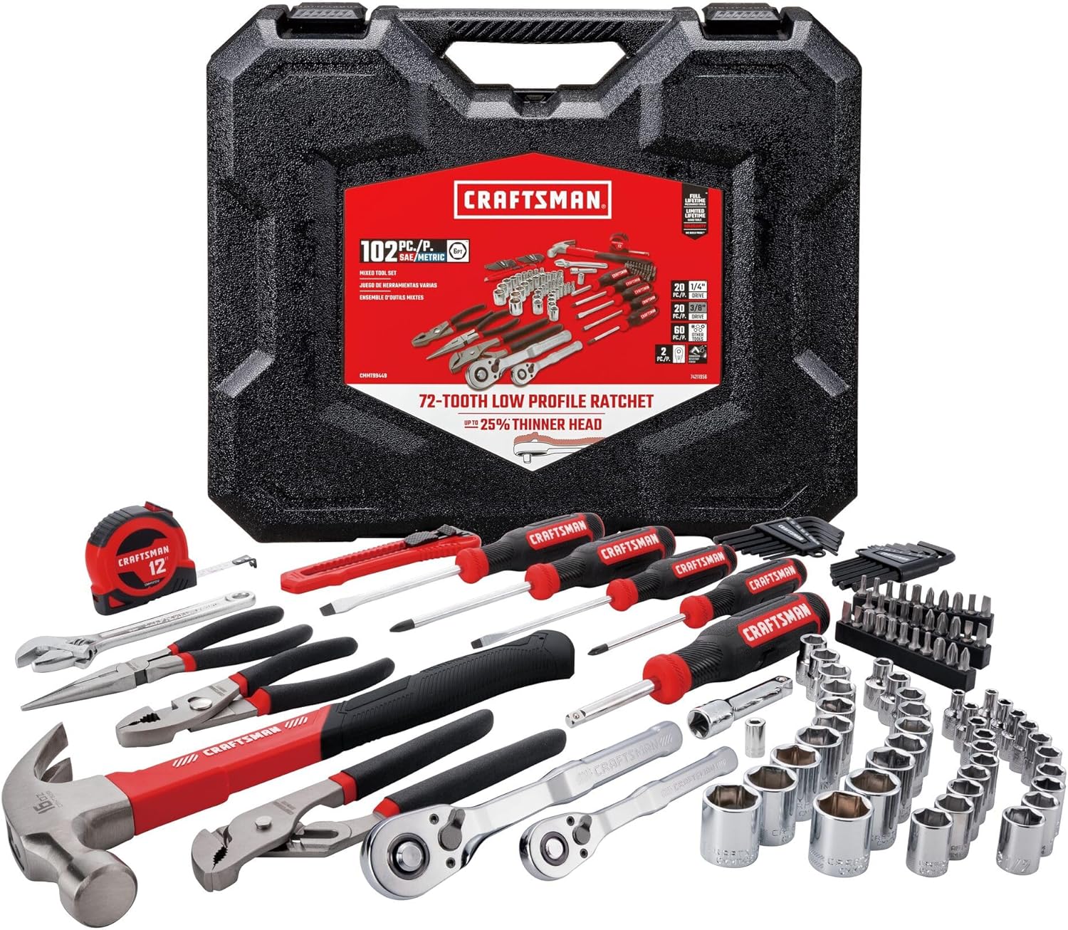 CRAFTSMAN 102-Piece Tool Kit for Home and Car, Durable Hand Tools Set with SAE and Metric Socket Set, Screwdrivers, Wrench, Hammer, Pliers, Knife, Hex Keys, Specialty Bits, Tape Measure
