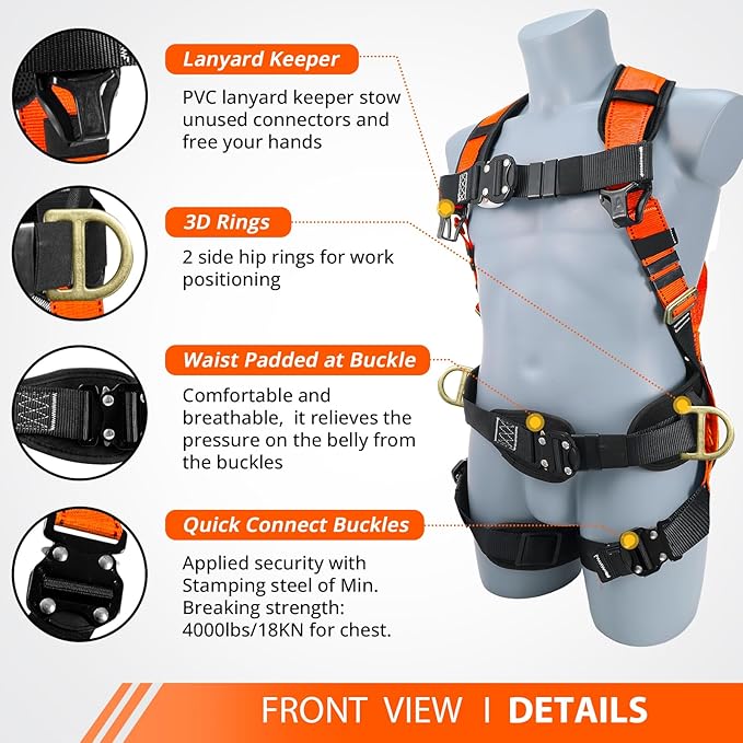 TRSMIMA Safety Harness Fall Protection - Roofing Harness Kit Men Full Body Construction Harness with Lanyard for Work Upgrade 4 Quick Buckles Orange