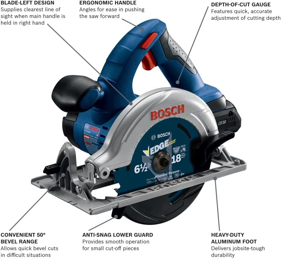 BOSCH GXL18V-501B25 18V 5-Tool Combo Kit with 2-In-1 Bit/Socket Impact Driver/Wrench, 1/2 In. Hammer Drill/Driver, Reciprocating Saw, Circular Saw, LED Worklight and (2) CORE18V 4 Ah Compact Batteries