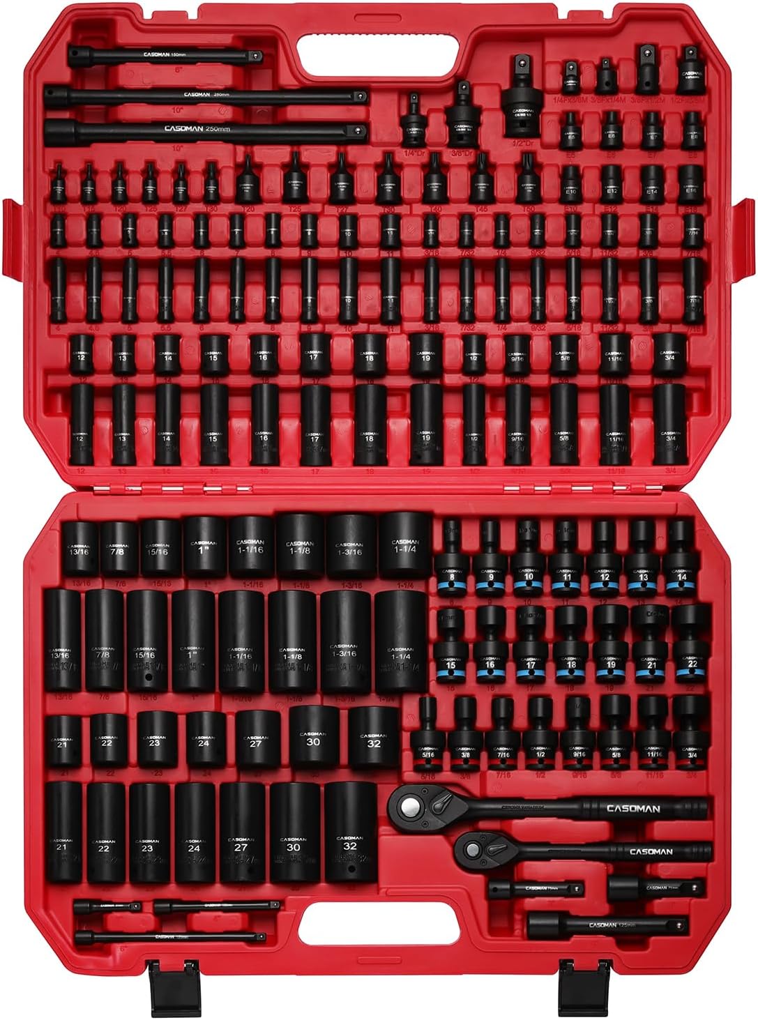 CASOMAN 153-Piece 1/4" & 3/8" & 1/2" Drive Master Impact Socket Set with Case, Professional Standard and Deep Socket Tool Set, 6 Point, SAE and Metric Sizes