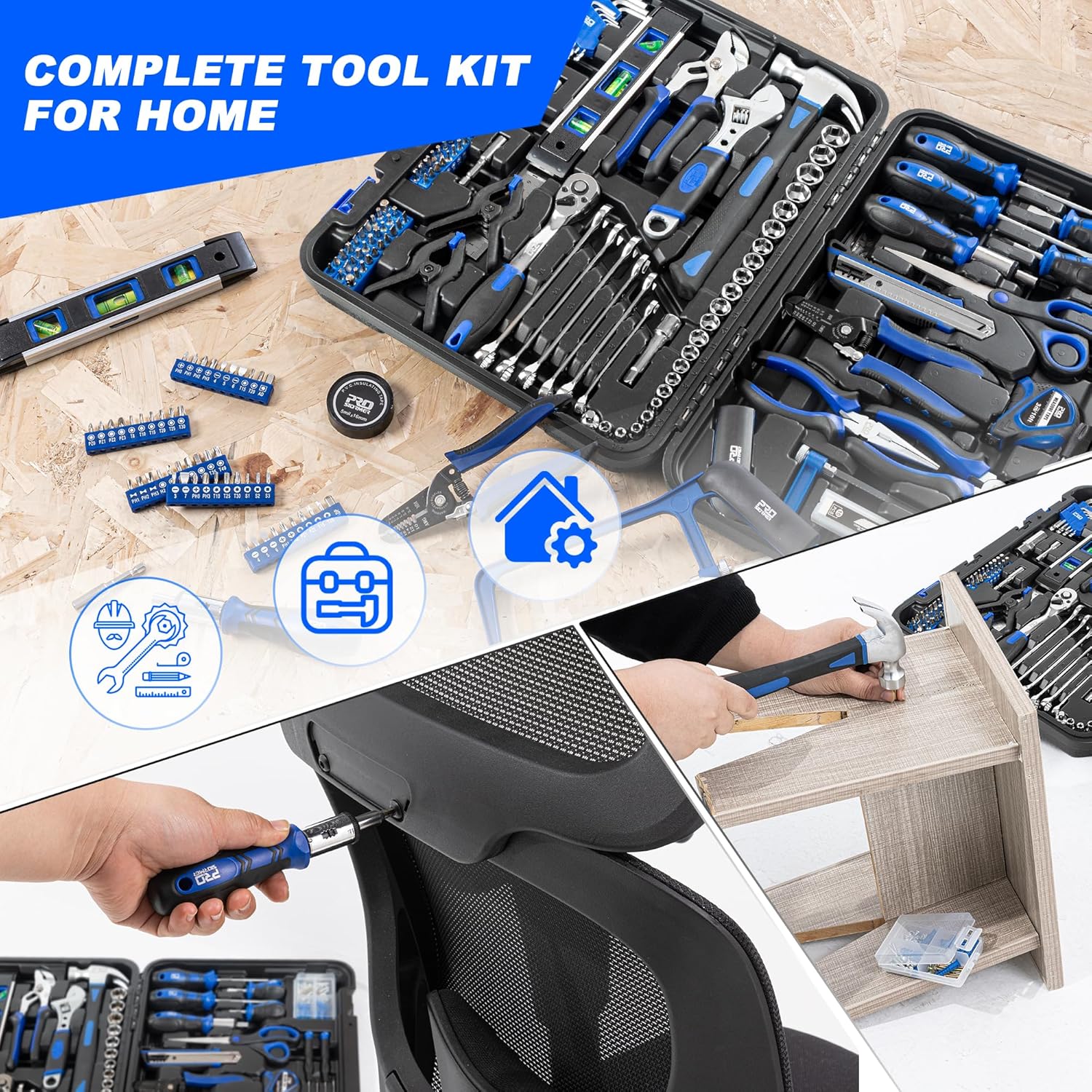 Prostormer 259-Piece Tool Kit, General Household Hand Tool Set with Plastic Storage Toolbox, Portable Complete Repair Tool Box for Home and Car (Blue)
