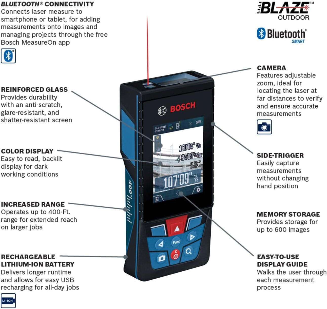 BOSCH GLM400C 400 Ft Blaze Outdoor Connected Laser Measure with Viewfinder, Includes 3 AA Batteries, Hand Strap, & Pouch