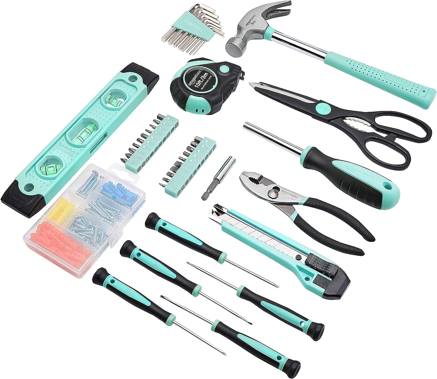 Amazon Basics 142-Piece Household Tool Kit for Home Repair, Hand Tools with Storage Case, 13.39 x 9.25 x 2.95 inch, Turquoise