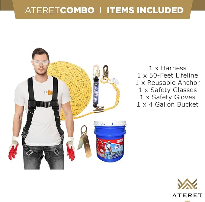 Palmer Safety Fall Protection Roofing Bucket Kit I Full-Body Harness, 50' Vertical Rope & Anchor Set I Safety Harness Kit