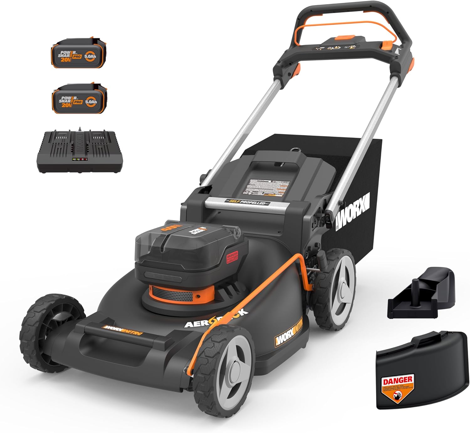 WORX Nitro 21" Cordless Lawn Mower, Electric Mower with Variable Speed, Self-propelled Lawn Mower with Aerodeck & Intellicut, 2 × 5.0 Ah Batteries & Charger Included, WG760