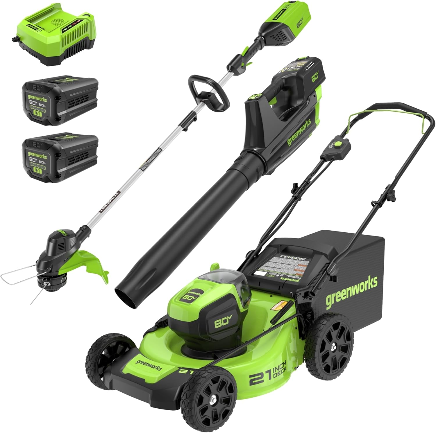 Greenworks 80V 21” Brushless (Push) Cordless Electric Lawn Mower + (500 CFM) Axial Leaf Blower + 13” String Trimmer (75+ Compatible Tools), (2) 2.0Ah Batteries and 30 Minute Rapid Charger