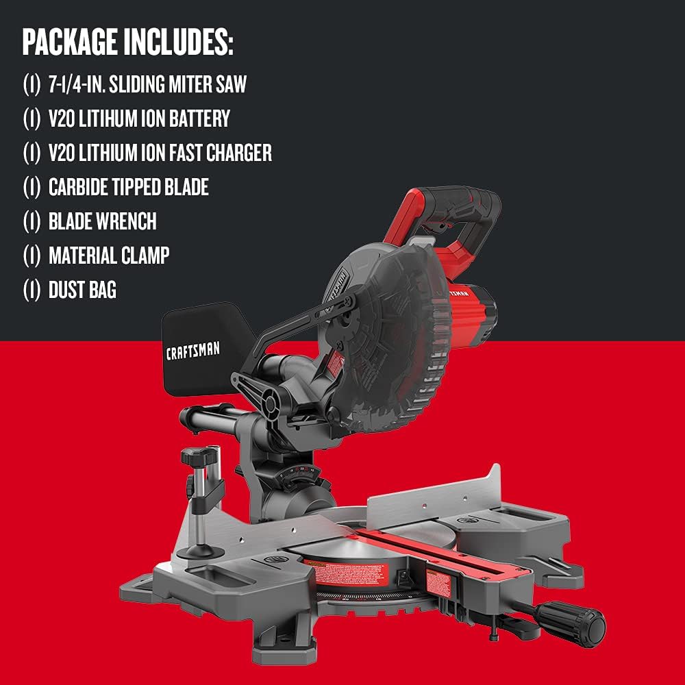 CRAFTSMAN V20 Cordless Sliding Miter Saw, 7-1/4 inch, Single Bevel, Battery and Charger Included