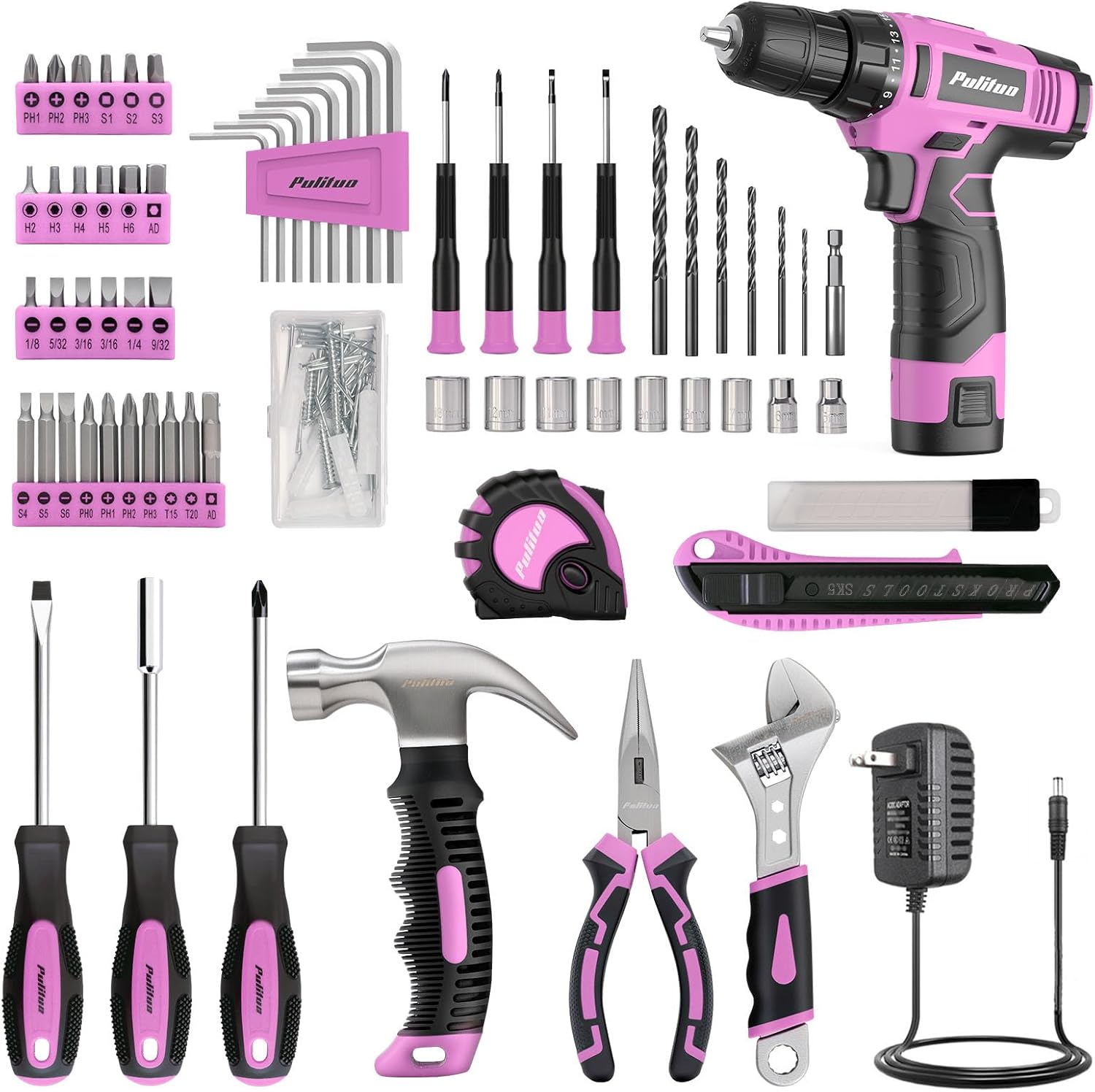 PULITUO Drill Set, 148-Piece Home Tool Set with 12V Pink Cordless Drill, Hand Tool Kits, and Tool Box, Suitable for Men, Women, and DIY Enthusiasts for Home Improvement.