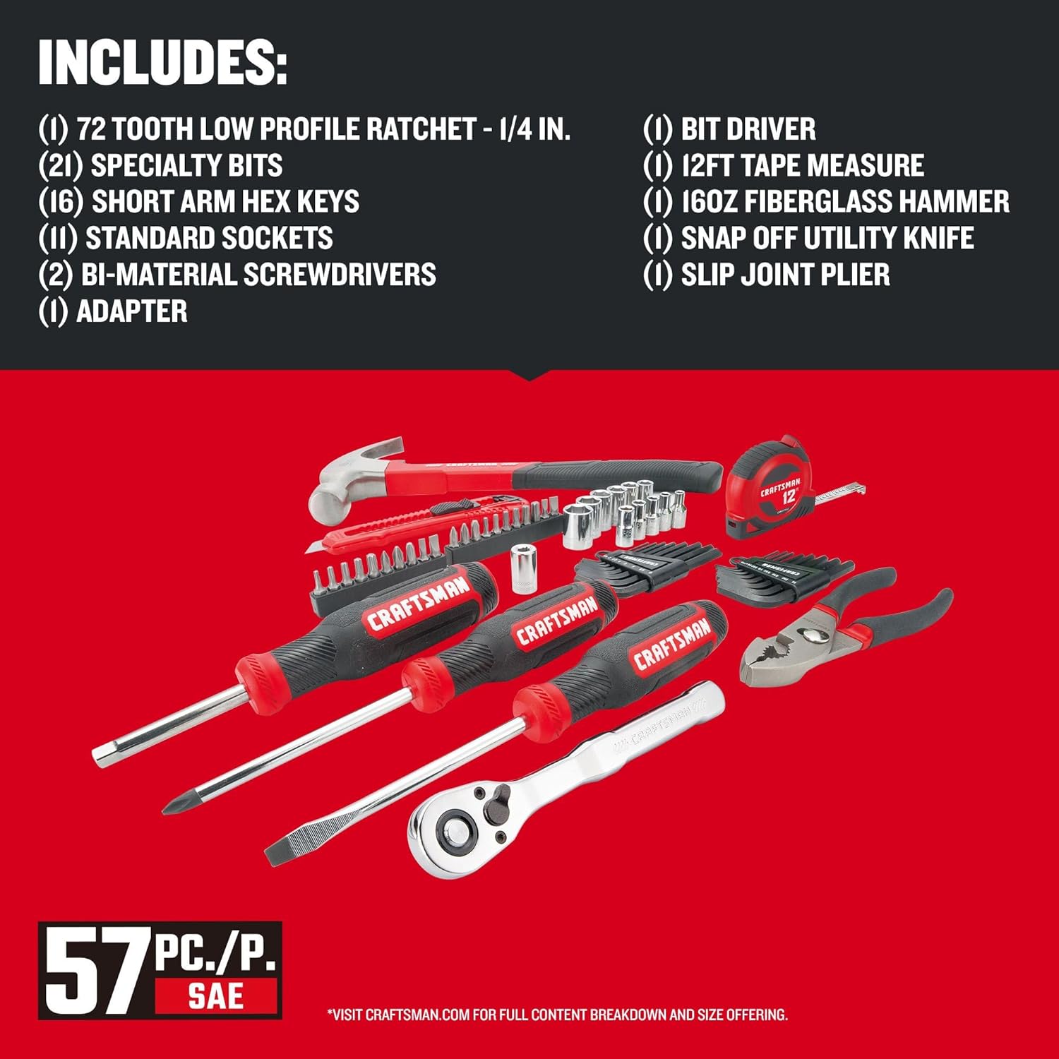 CRAFTSMAN 57 Piece Mechanics Tool Set Home Tool Set, Sockets, Ratchet, Screwdrivers, Hammer, Pliers, Hex Keys, Specialty Bits Hand Tools (CMMT99447)