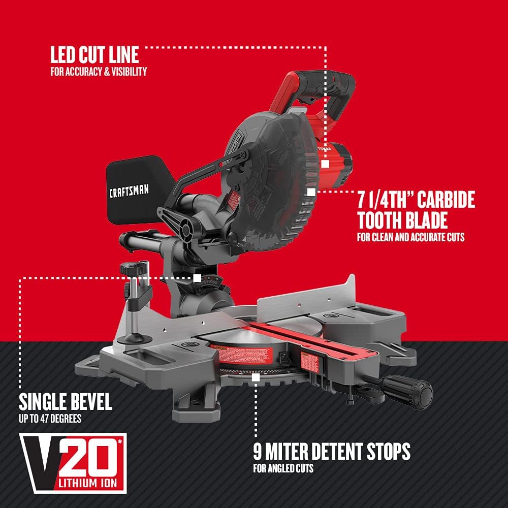 CRAFTSMAN V20 Cordless Sliding Miter Saw, 7-1/4 inch, Single Bevel, Battery and Charger Included
