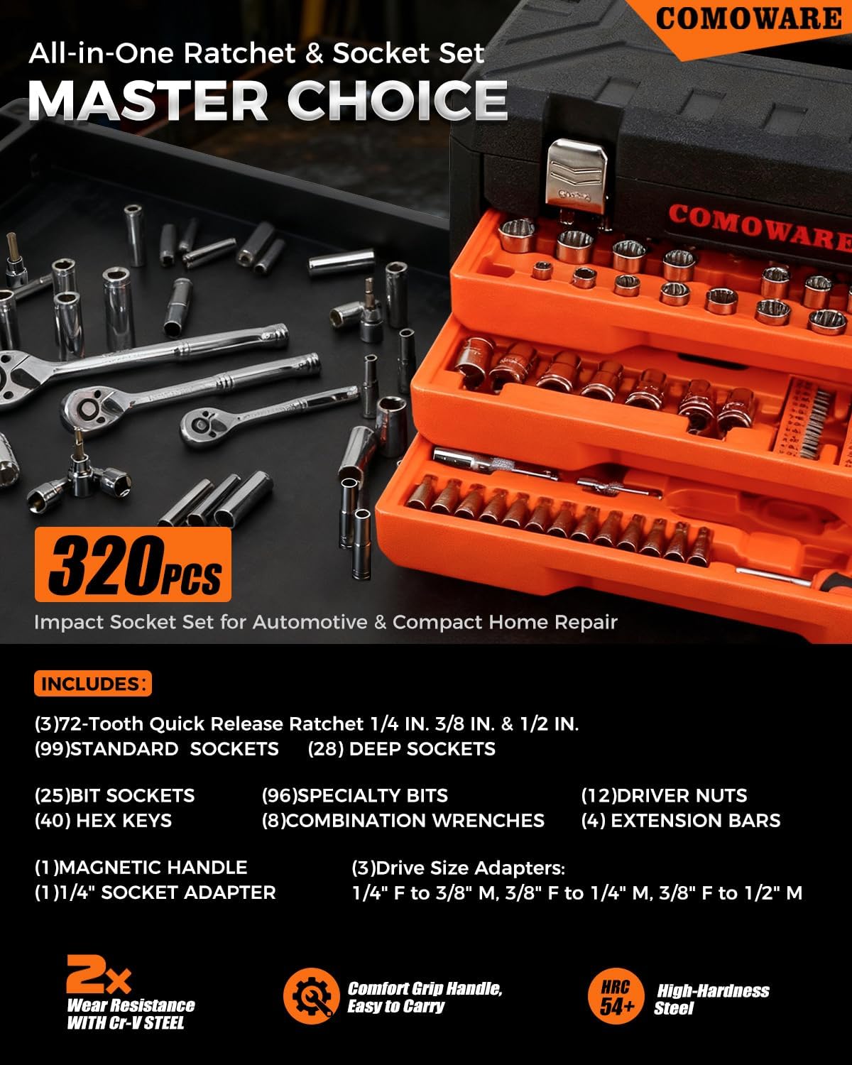 COMOWARE 320-Piece Master Mechanic Tool Set with Case, 1/4” 3/8” 1/2” Drive SAE & Metric Socket Wrench Set, Includes 72T Ratchet Set, CR-V Steel, Hex Keys & Specialty Bits for Auto Repair & DIY
