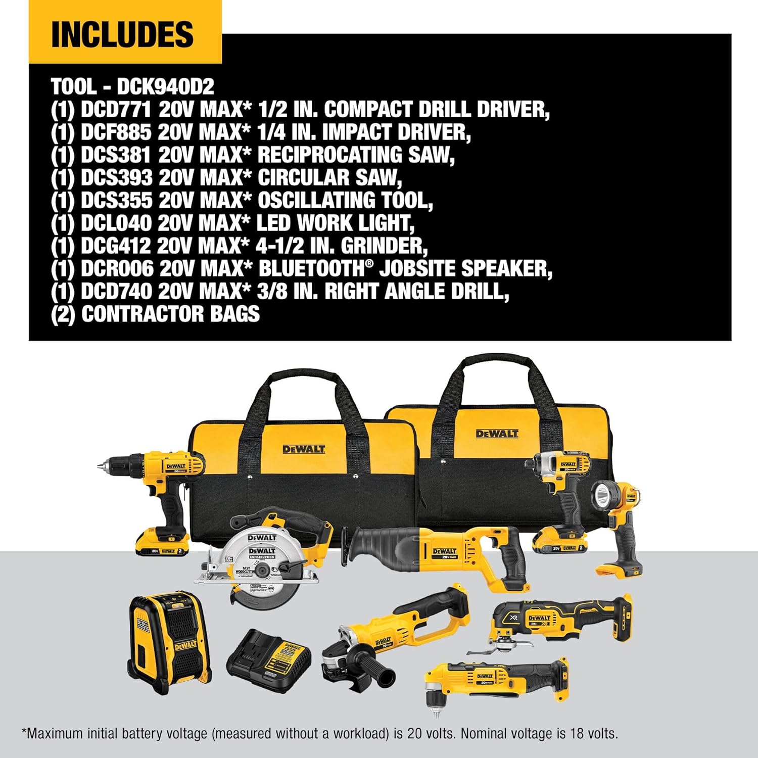 DEWALT 20V MAX Power Tools, 9 Cordless Tool Combo, Impact and Drill Driver, Oscillating Tool, Grinder,Circular and Reciprocating Saw,Right Angle Drill,Speaker,LED Light, 2 Batteries,Charger
