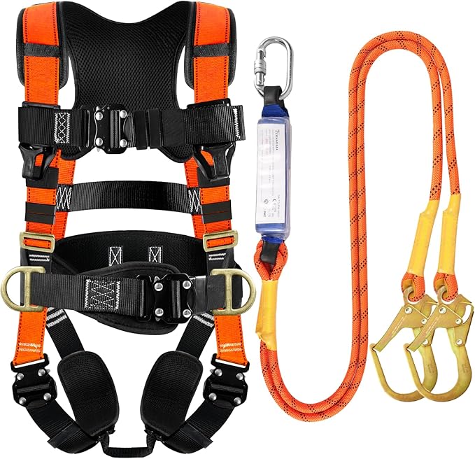 TRSMIMA Safety Harness Fall Protection - Roofing Harness Kit Men Full Body Construction Harness with Lanyard for Work Upgrade 4 Quick Buckles Orange
