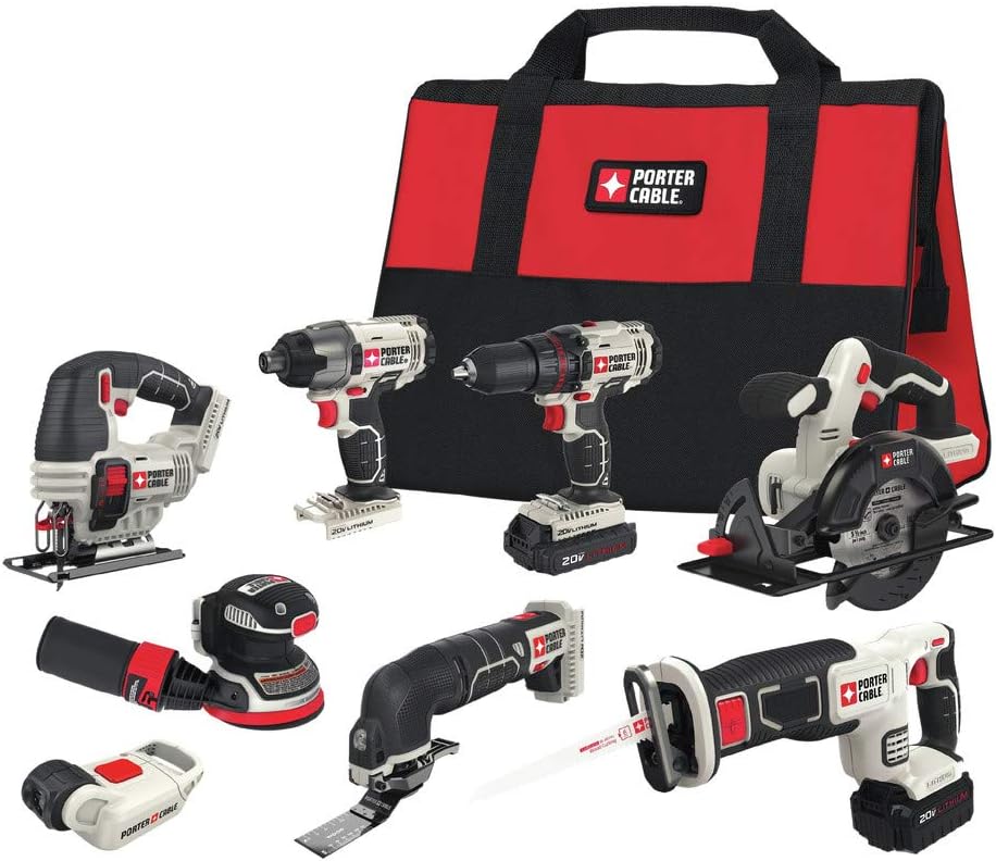 PORTER-CABLE 20V MAX 8-Tool Combo Kit Cordless Drill and Impact Driver, Circular and Reciprocation Saw, Jigsaw, Orbital Sander, Oscillating Tool, Flashlight
