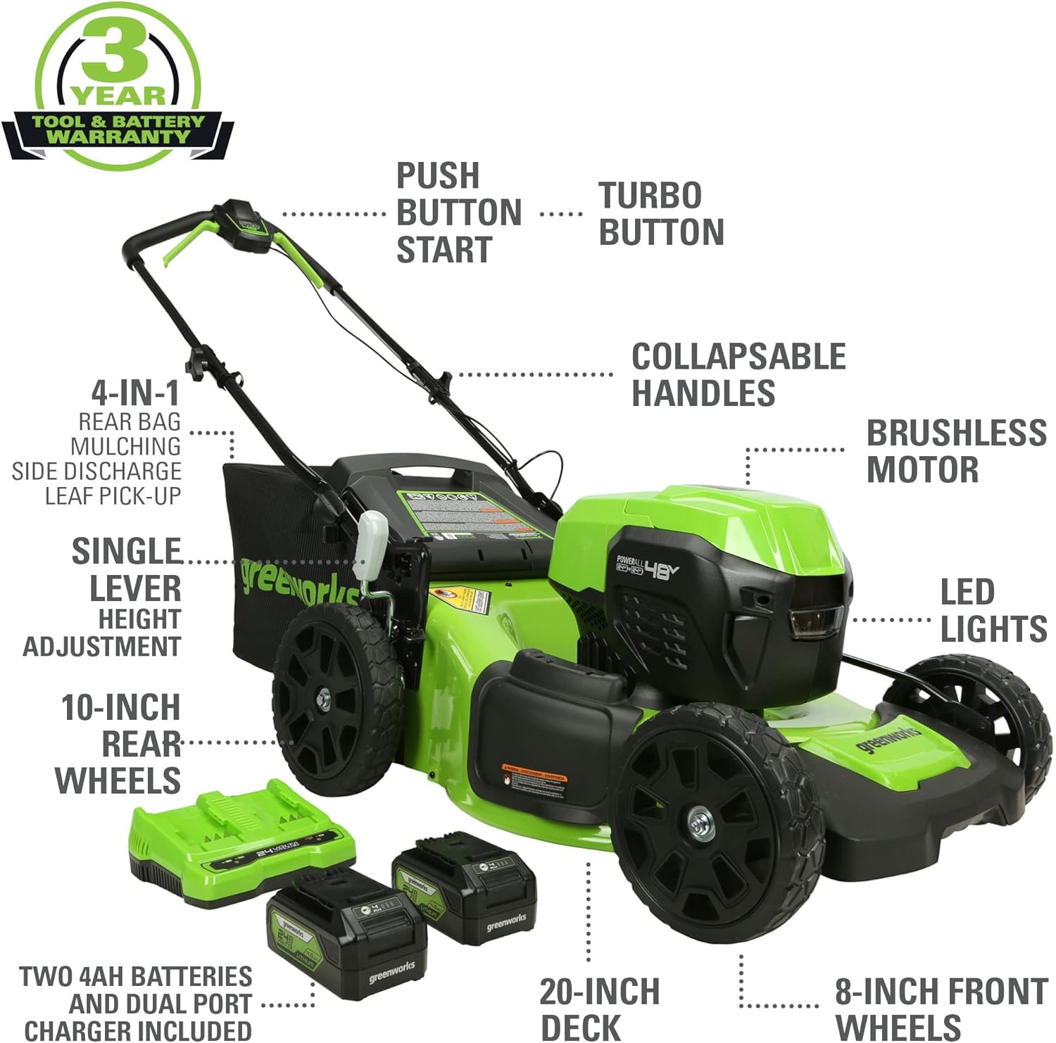 Greenworks 48V (2x24V) Electric Lawn Mower Combo Kit: 20"Steel Deck Push Mower, 12" String Trimmer, 320 CFM Blower, 3 Batteries & 2 Chargers, 3-Year Warranty