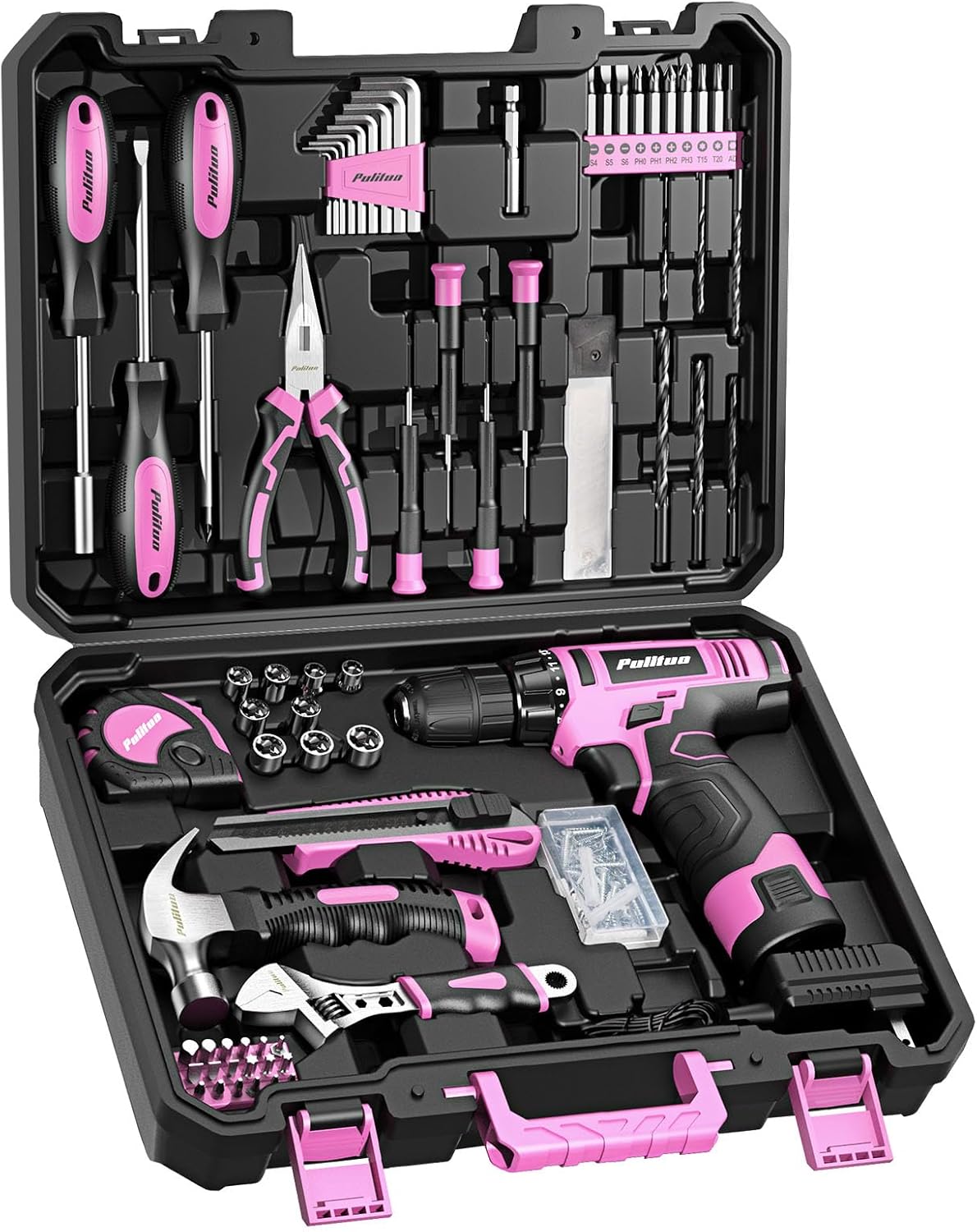 PULITUO Drill Set, 148-Piece Home Tool Set with 12V Pink Cordless Drill, Hand Tool Kits, and Tool Box, Suitable for Men, Women, and DIY Enthusiasts for Home Improvement.