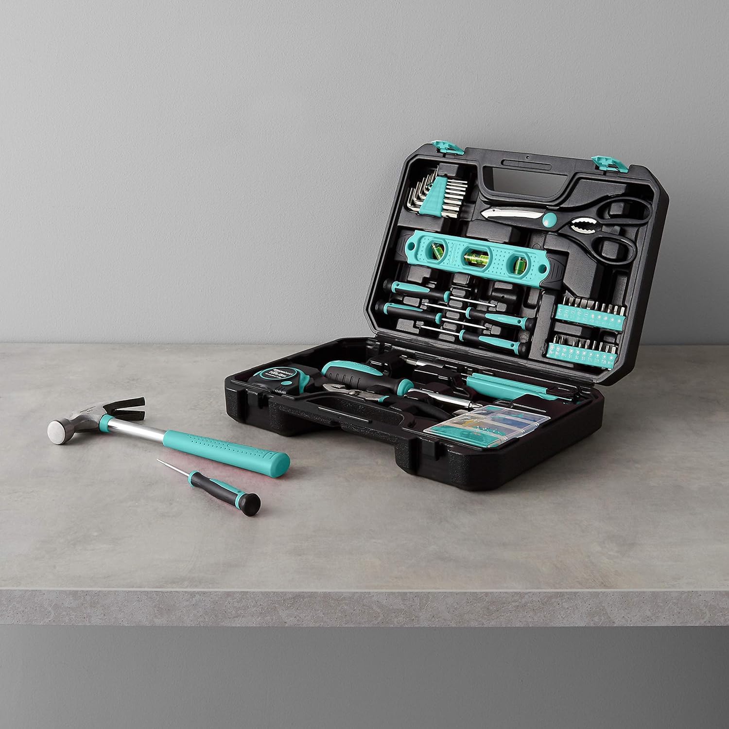 Amazon Basics 142-Piece Household Tool Kit for Home Repair, Hand Tools with Storage Case, 13.39 x 9.25 x 2.95 inch, Turquoise